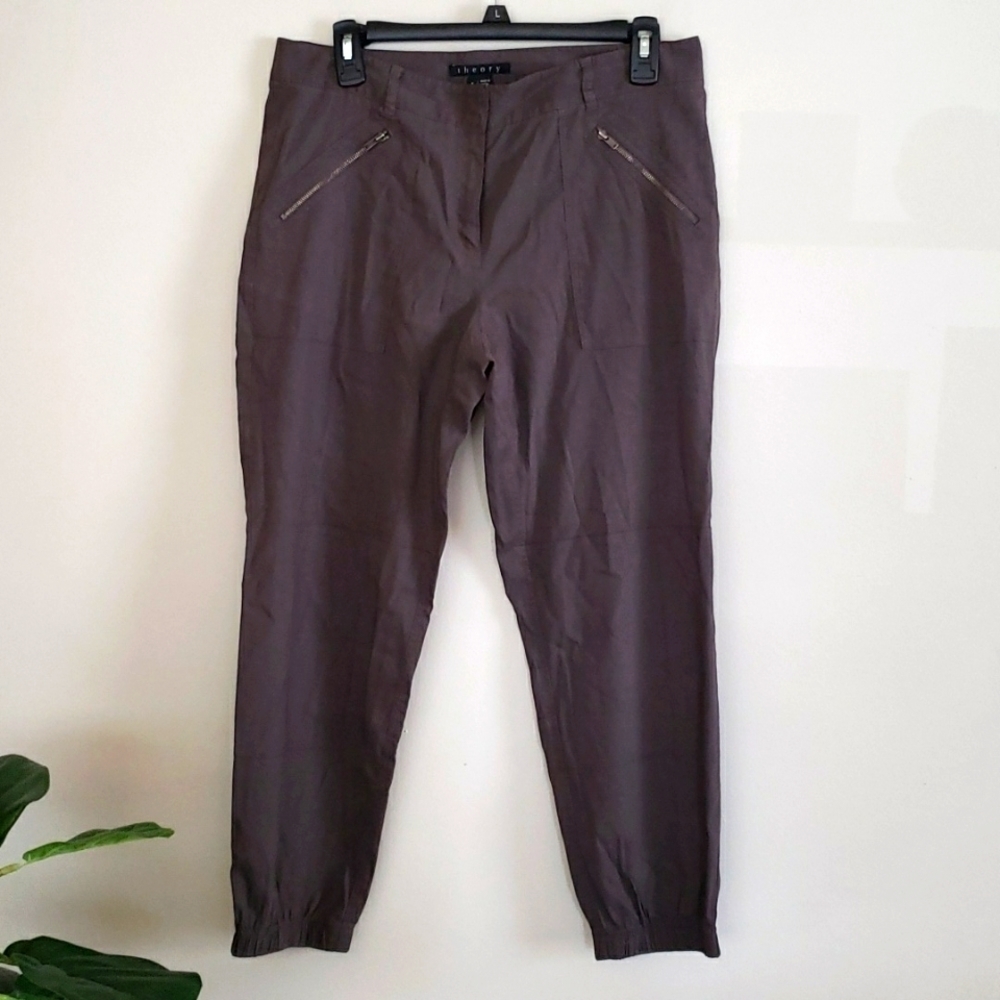 Theory gray pants elastic ankle joggers, square front pockets, back flap pockets